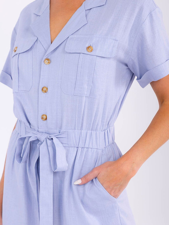 WOMEN'S SHORT SLEEVE BUTTON UP POCKETS ELASTIC WAIST ROMPER