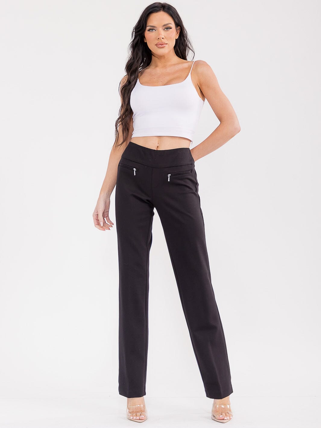 WOMEN'S ELASTIC WAIST WIDE LEG ZIPPER DETAILED PANTS