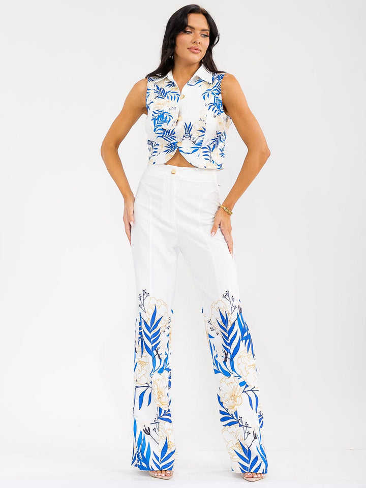 WOMEN'S SLEEVELESS CROP TOP & BUTTON CLOSURE PANTS FLORAL PRINT 2PC. SET
