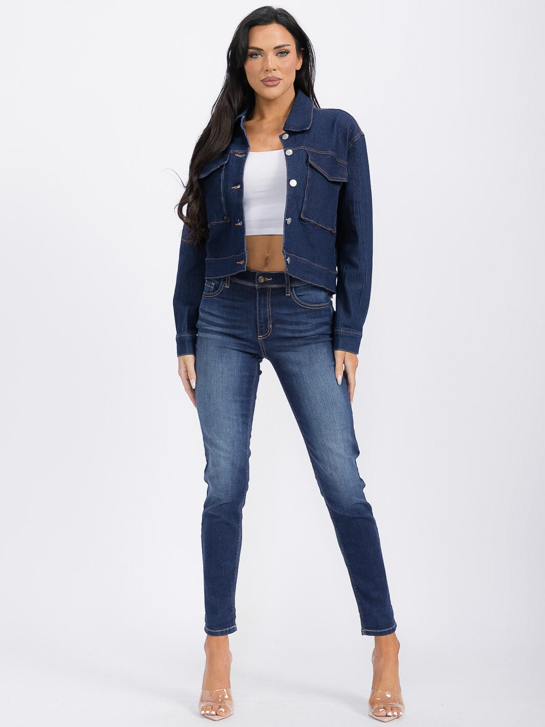 WOMEN'S LONG SLEEVE BUTTON CLOSURE POCKETS DENIM JACKET