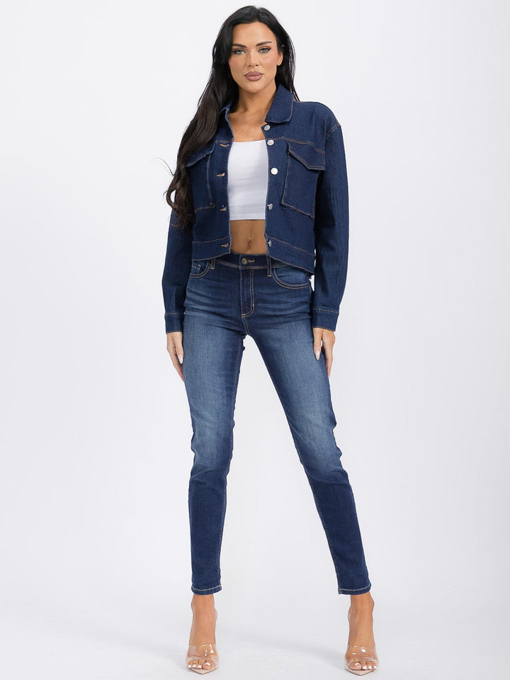 WOMEN'S LONG SLEEVE BUTTON CLOSURE POCKETS DENIM JACKET