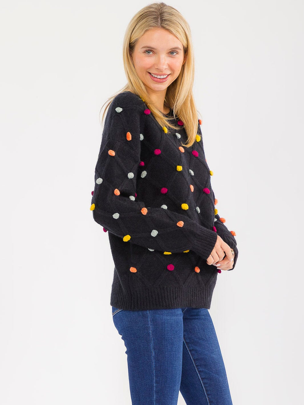 WOMEN'S LONG SLEEVE PULLOVER POM POM DETAILED SWEATER
