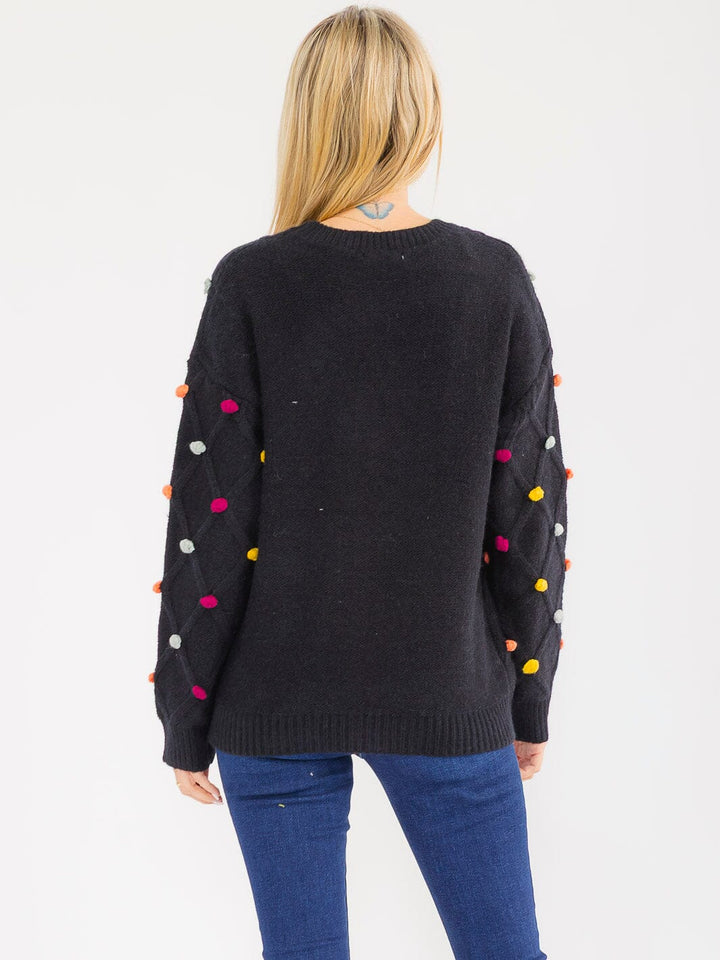 WOMEN'S LONG SLEEVE PULLOVER POM POM DETAILED SWEATER