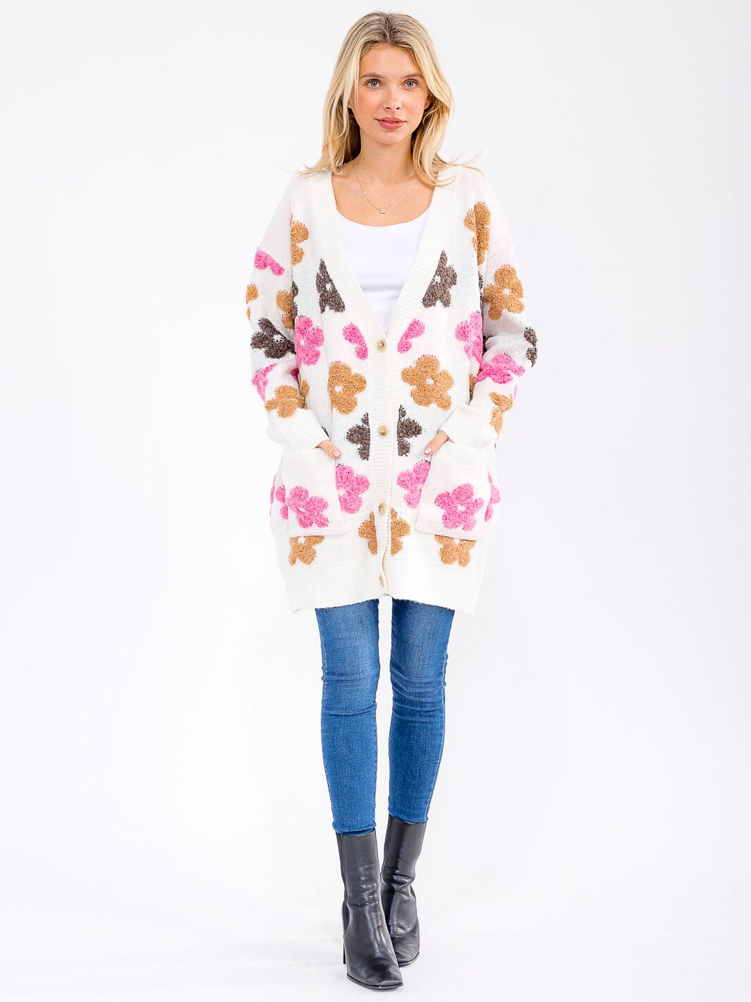 WOMEN'S LONG SLEEVE BUTTON CLOSURE FLORAL PRINT CARDIGAN