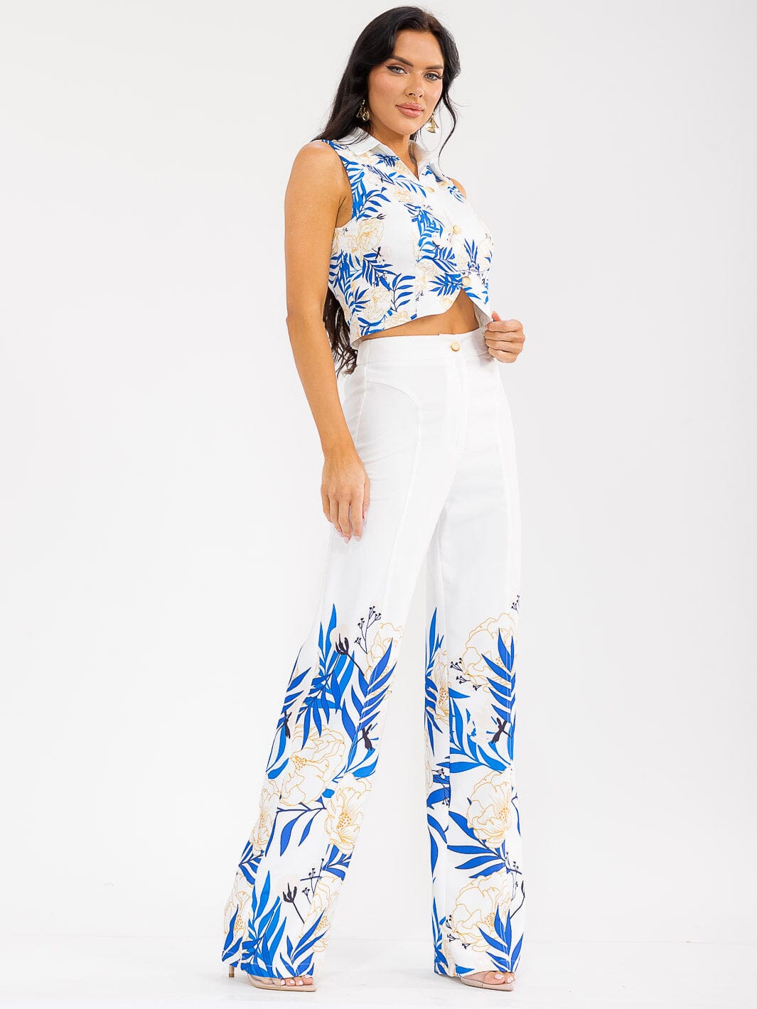 WOMEN'S SLEEVELESS CROP TOP & BUTTON CLOSURE PANTS FLORAL PRINT 2PC. SET