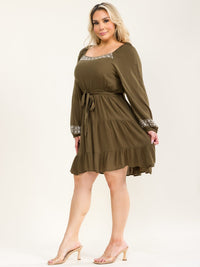 PLUS SIZE LONG SLEEVE SQUARE NECK ELASTIC WAIST SELF TIE TIERED MINI DRESS