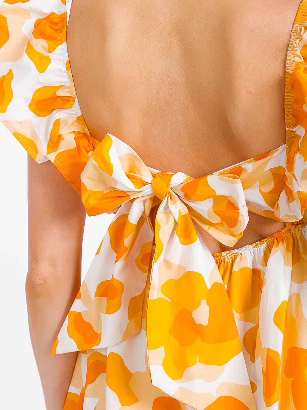 WOMEN'S RUFFLE SLEEVE ELASTIC WAIST OPEN BACK MULTI PRINT ROMPER