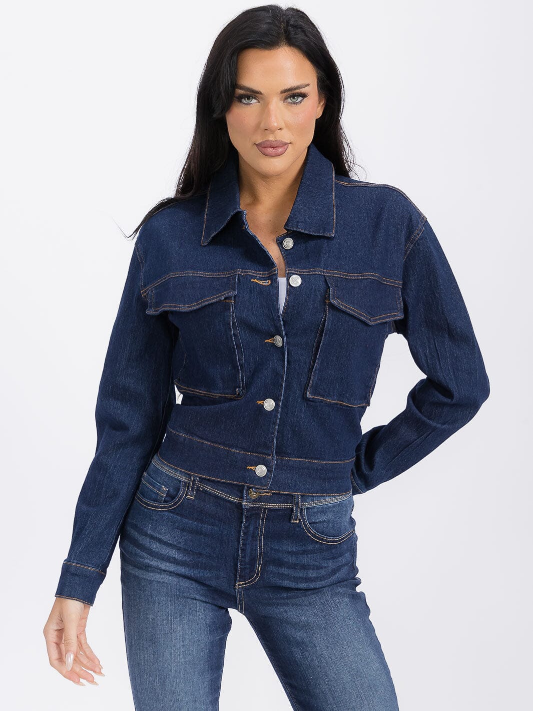 WOMEN'S LONG SLEEVE BUTTON CLOSURE POCKETS DENIM JACKET
