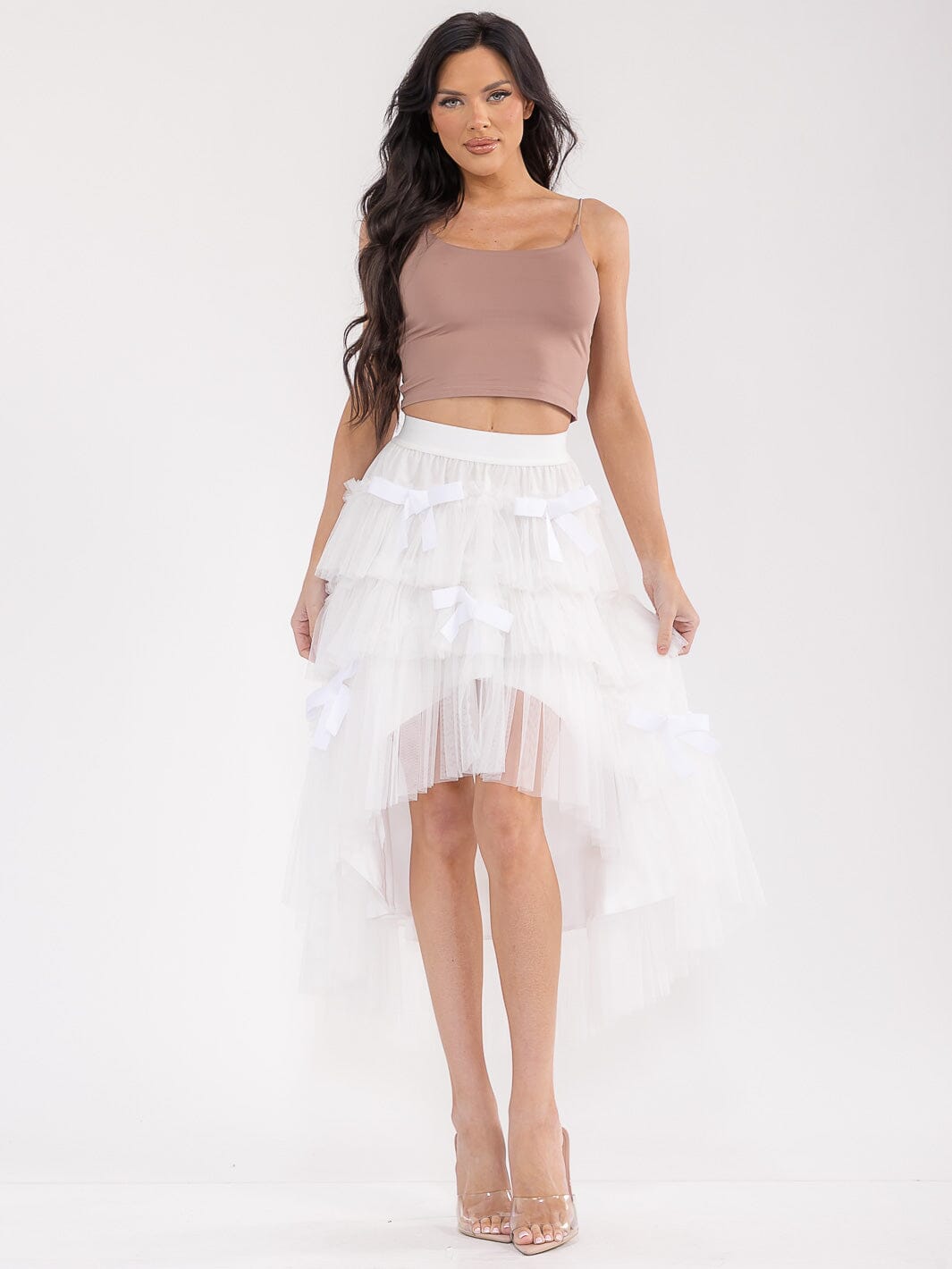 WOMEN'S ELASTIC WAIST TIERED RUFFLE HIGH-LOW BOWS MAXI SKIRT