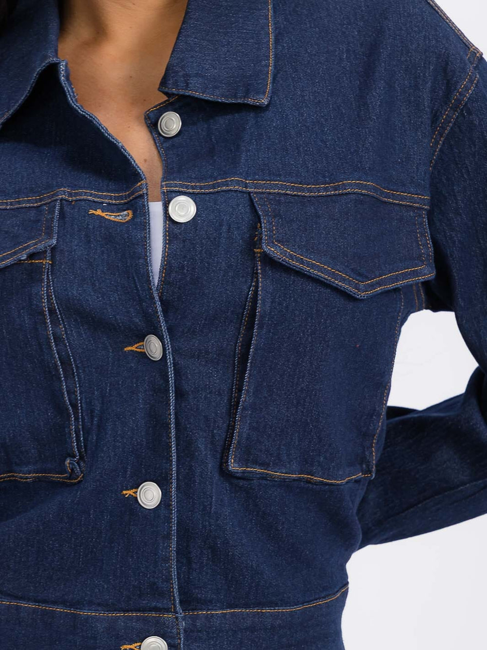 WOMEN'S LONG SLEEVE BUTTON CLOSURE POCKETS DENIM JACKET