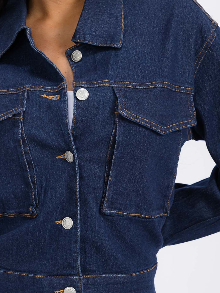 WOMEN'S LONG SLEEVE BUTTON CLOSURE POCKETS DENIM JACKET