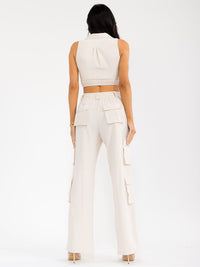 WOMEN'S SLEEVELESS CROP TOP & BUTTON CLOSURE PANTS SOLID 2PC. SET