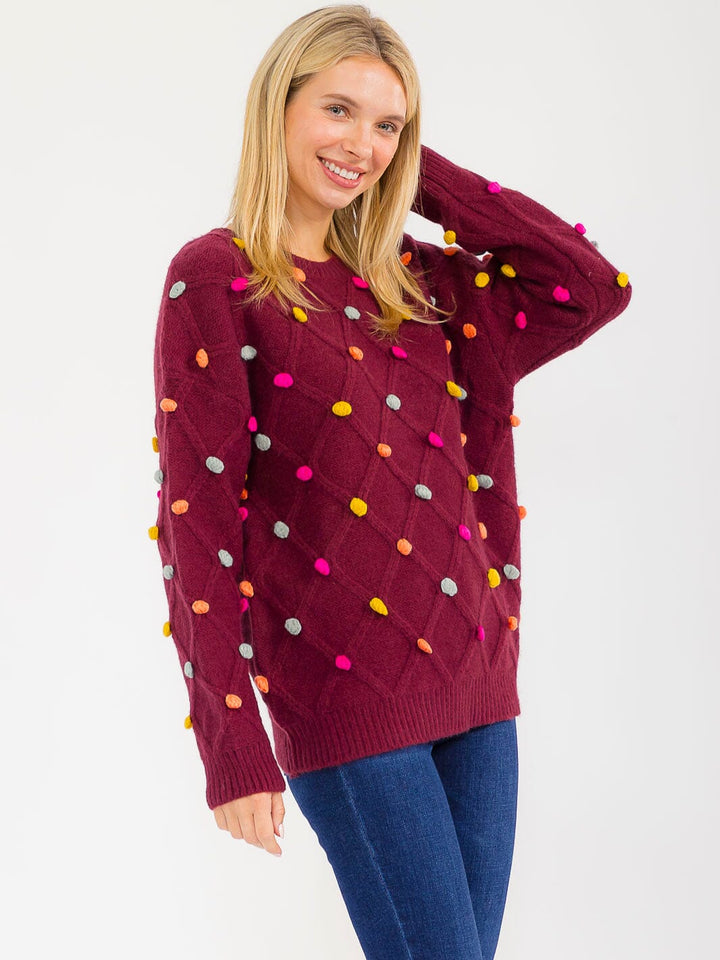 WOMEN'S LONG SLEEVE PULLOVER POM POM DETAILED SWEATER
