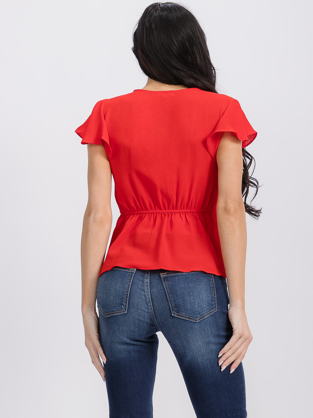 WOMEN'S SHORT SLEEVE SURPLICE SELF TIE PEPLUM BLOUSE