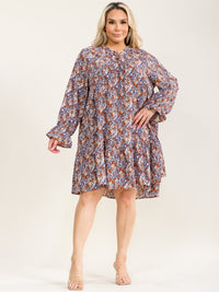 PLUS SIZE LONG SLEEVE FLORAL TIERED LOOSE FIT MINI DRESS