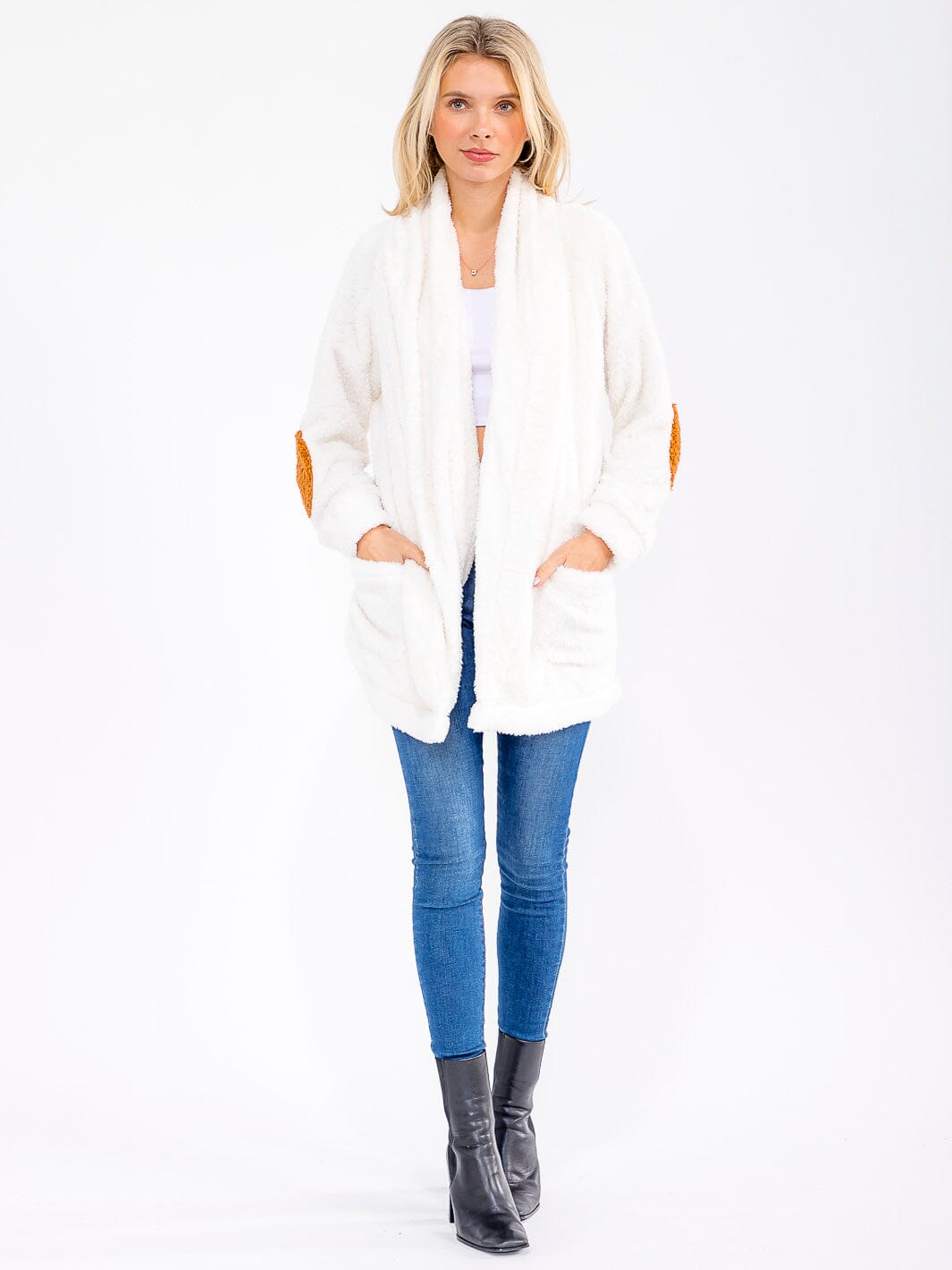 WOMEN'S LONG SLEEVE OPEN FRONT POCKETS SHERPA CARDIGAN