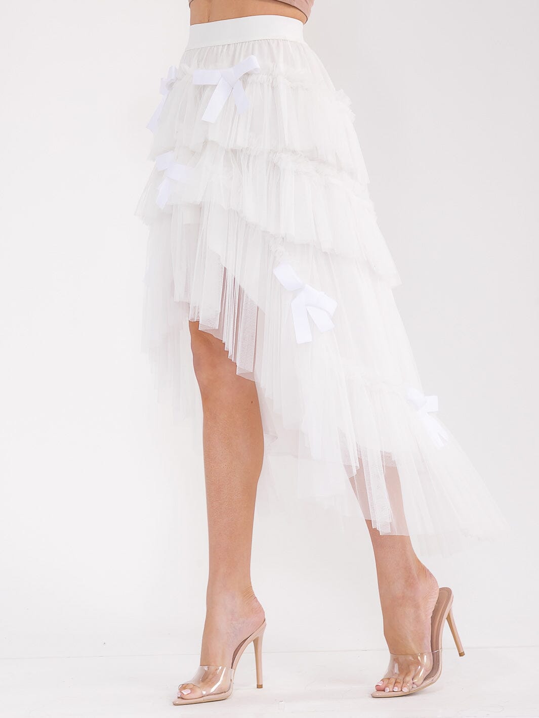 WOMEN'S ELASTIC WAIST TIERED RUFFLE HIGH-LOW BOWS MAXI SKIRT