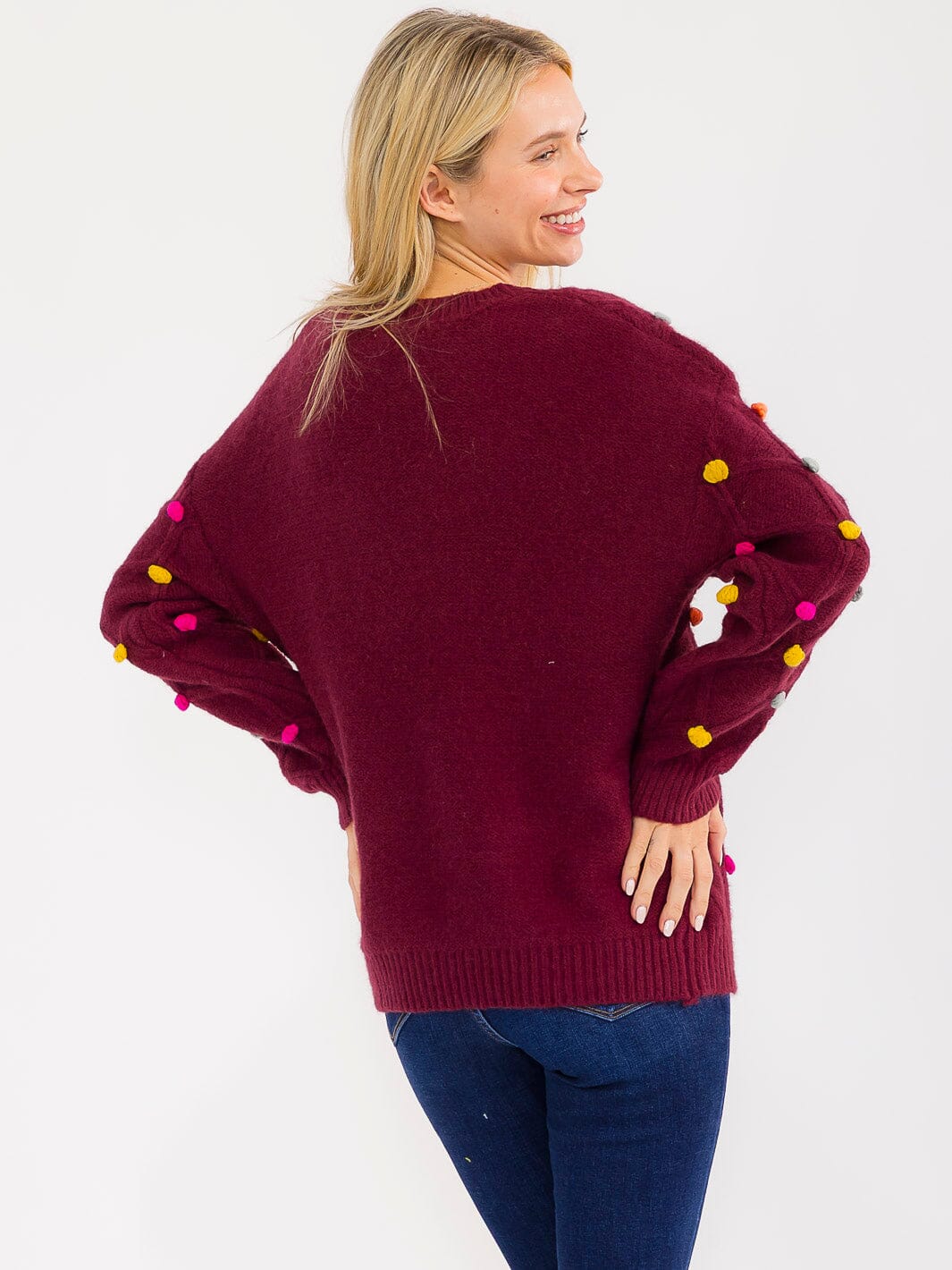 WOMEN'S LONG SLEEVE PULLOVER POM POM DETAILED SWEATER