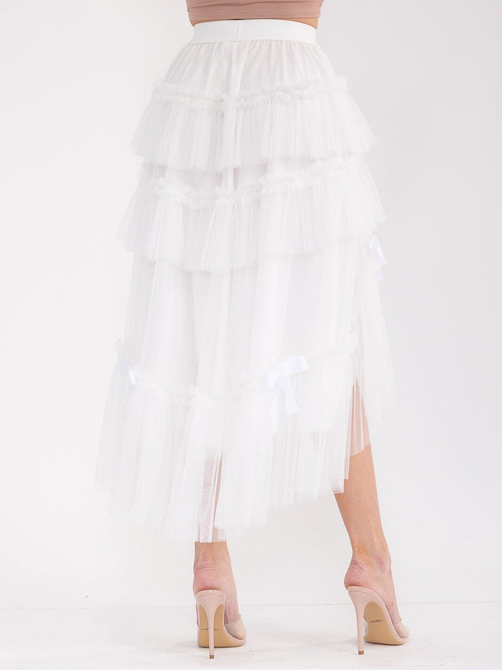 WOMEN'S ELASTIC WAIST TIERED RUFFLE HIGH-LOW BOWS MAXI SKIRT