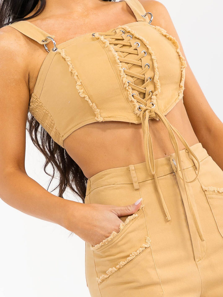 WOMEN'S SLEEVELESS CROP TOP & BUTTON CLOSURE PANTS SOLID 2PC. SET