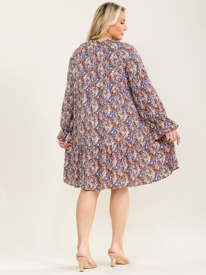 PLUS SIZE LONG SLEEVE FLORAL TIERED LOOSE FIT MINI DRESS