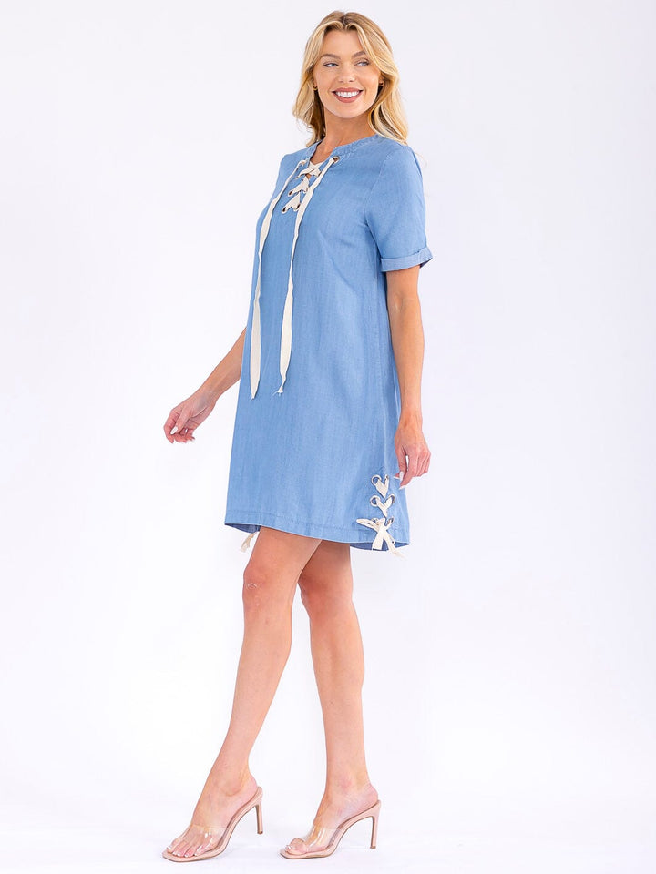 WOMEN'S SHORT SLEEVE LACE UP CHAMBRAY MINI DRESS