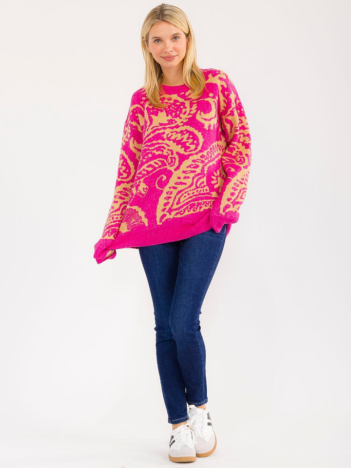 WOMEN'S LONG SLEEVE KNIT PULLOVER COLORBLOCK PRINT SWEATER