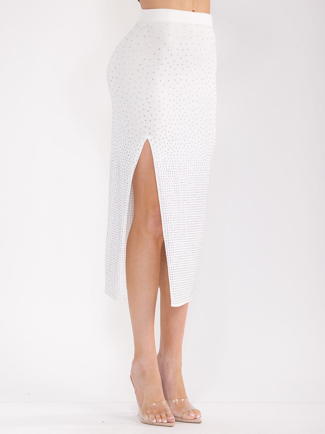 WOMEN'S ELASTIC WAIST SIDE SLIT STUDS MIDI SKIRT