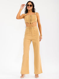 WOMEN'S SLEEVELESS CROP TOP & BUTTON CLOSURE PANTS SOLID 2PC. SET
