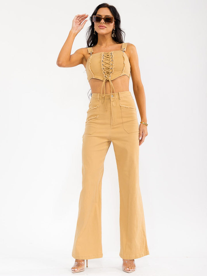 WOMEN'S SLEEVELESS CROP TOP & BUTTON CLOSURE PANTS SOLID 2PC. SET