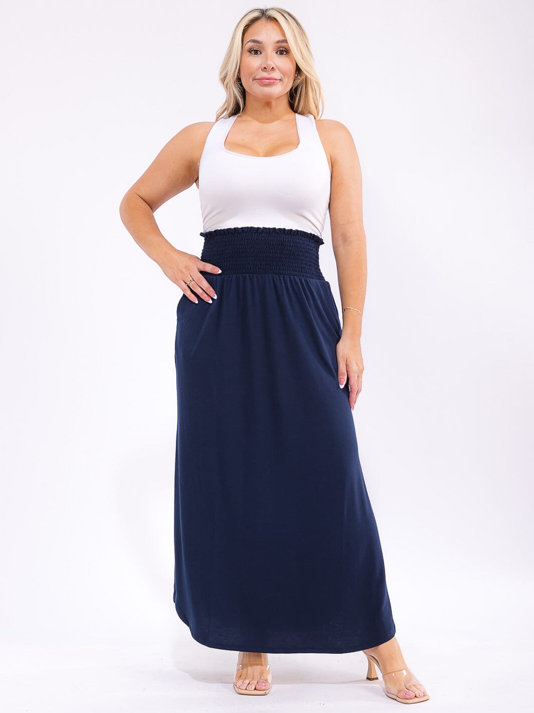 PLUS SIZE ELASTIC WAIST SIDE SLIT FRONT POCKETS MAXI SKIRT