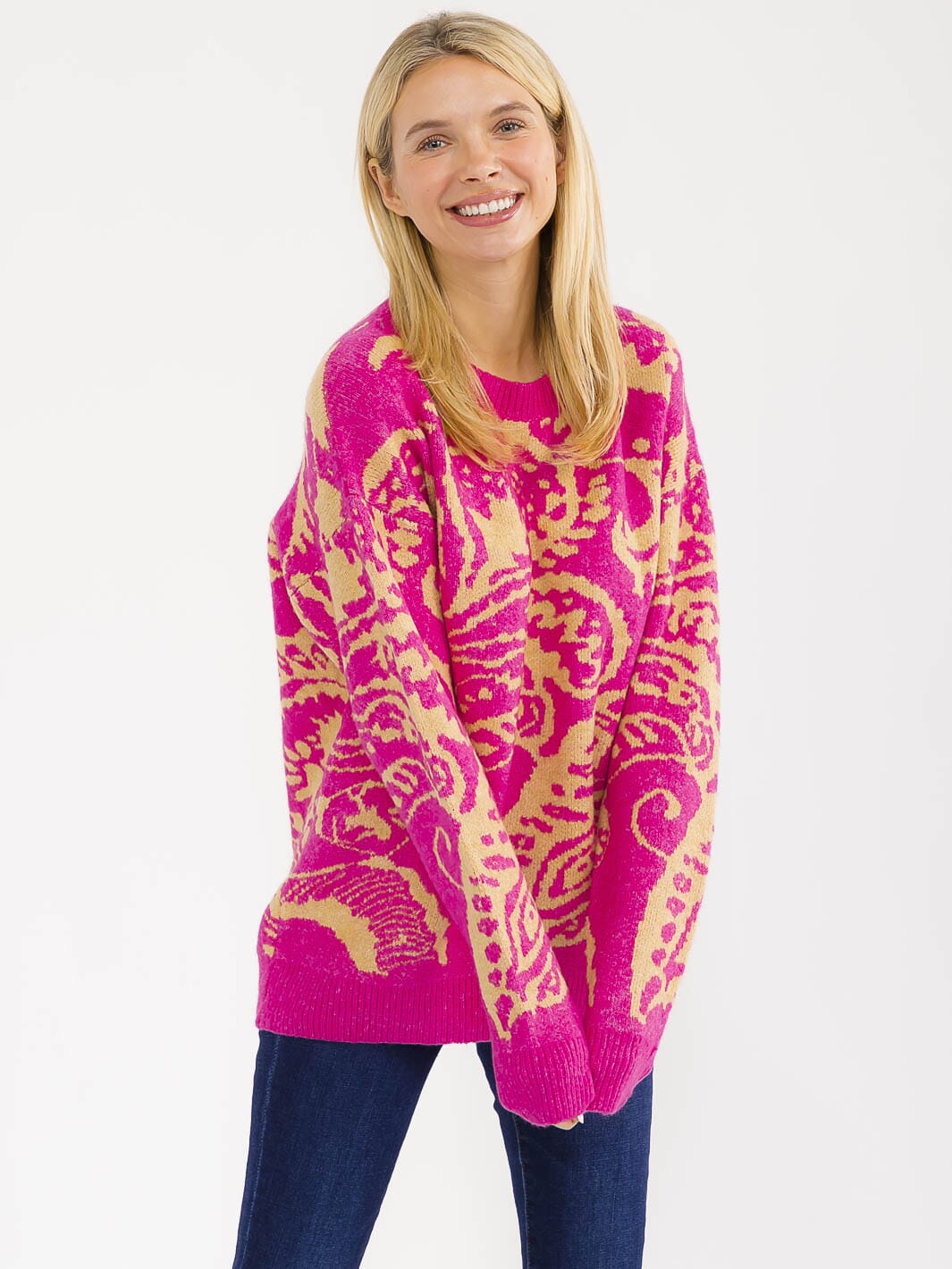 WOMEN'S LONG SLEEVE KNIT PULLOVER COLORBLOCK PRINT SWEATER