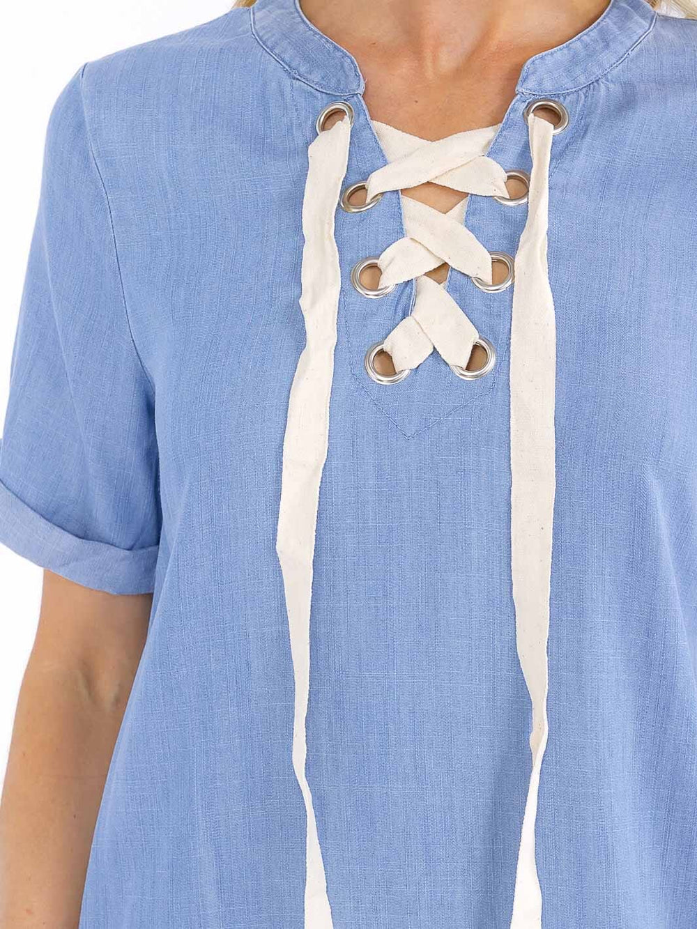 WOMEN'S SHORT SLEEVE LACE UP CHAMBRAY MINI DRESS