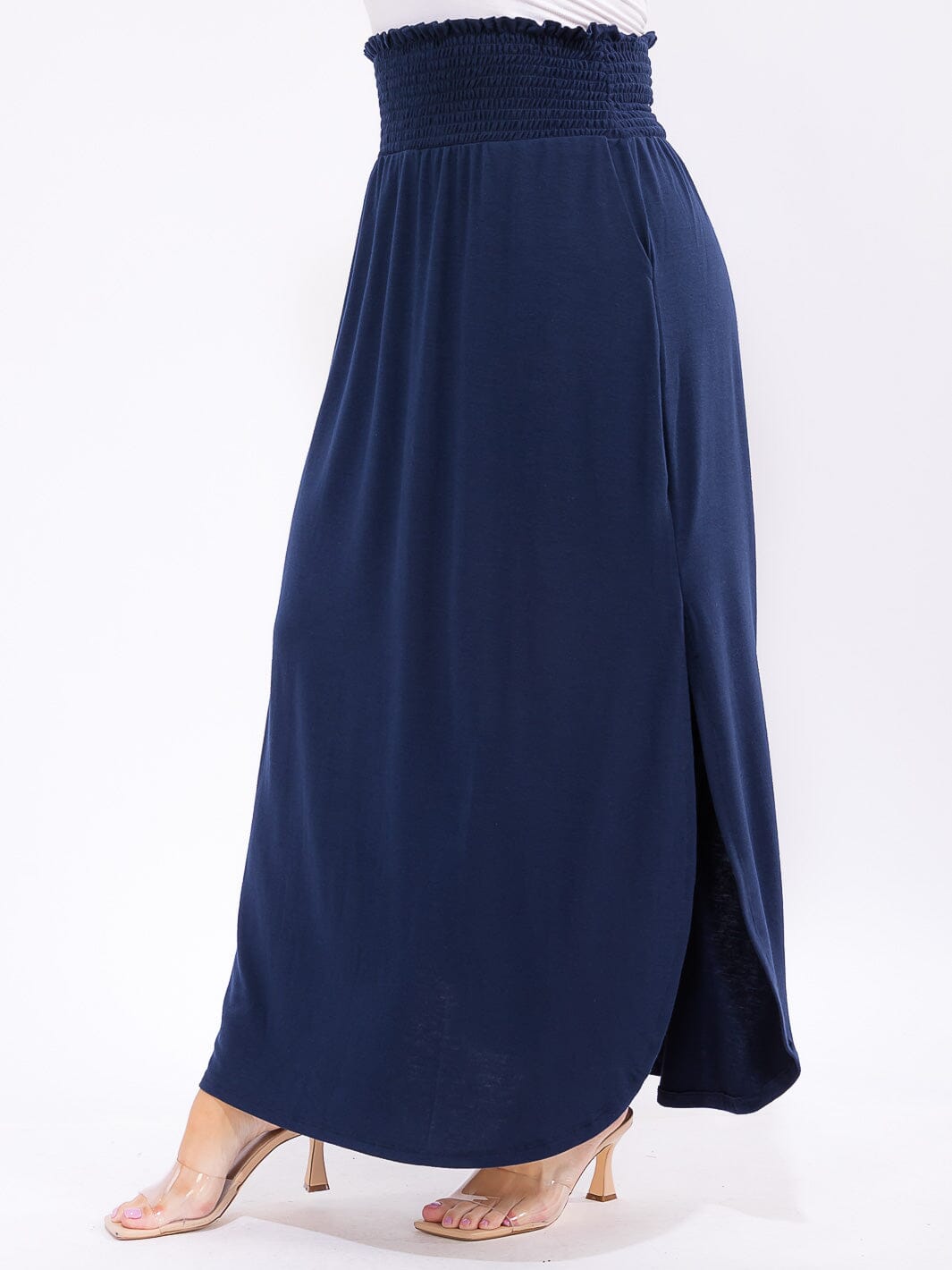 PLUS SIZE ELASTIC WAIST SIDE SLIT FRONT POCKETS MAXI SKIRT