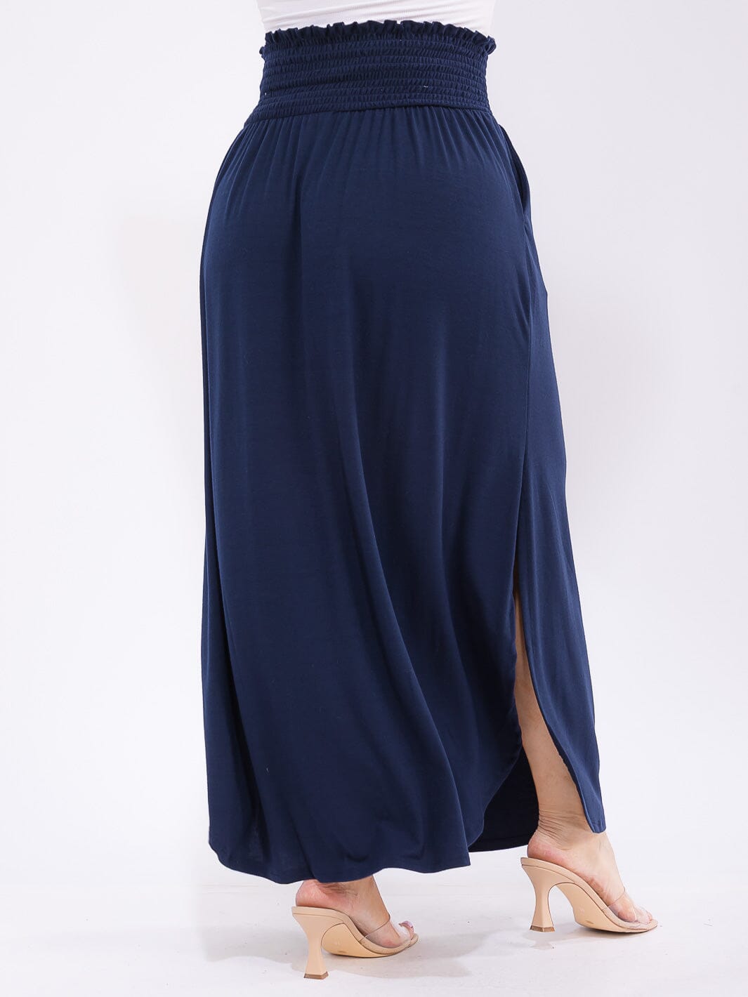 PLUS SIZE ELASTIC WAIST SIDE SLIT FRONT POCKETS MAXI SKIRT