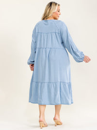 PLUS SIZE LONG SLEEVE FRONT POCKETS TIERED CHAMBRAY MAXI DRESS