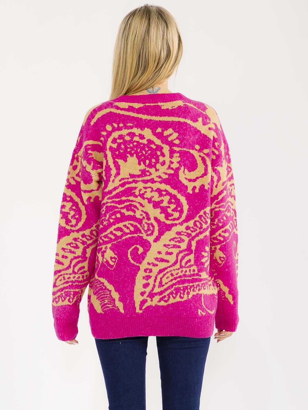 WOMEN'S LONG SLEEVE KNIT PULLOVER COLORBLOCK PRINT SWEATER