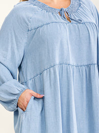 PLUS SIZE LONG SLEEVE FRONT POCKETS TIERED CHAMBRAY MAXI DRESS