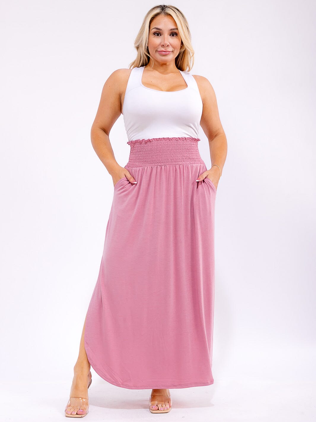 PLUS SIZE ELASTIC WAIST SIDE SLIT FRONT POCKETS MAXI SKIRT