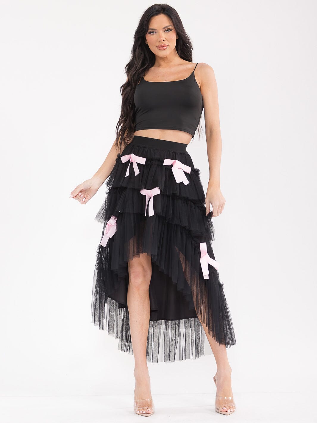 WOMEN'S ELASTIC WAIST TIERED RUFFLE HIGH-LOW BOWS MAXI SKIRT