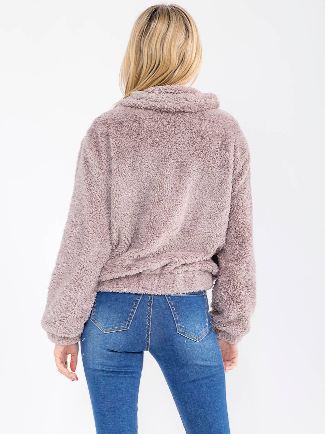WOMEN'S LONG SLEEVE ZIPPER CLOSURE FRONT POCKETS SHERPA JACKET