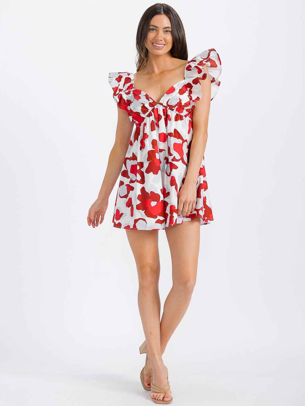 WOMEN'S RUFFLE SLEEVE ELASTIC WAIST OPEN BACK MULTI PRINT ROMPER