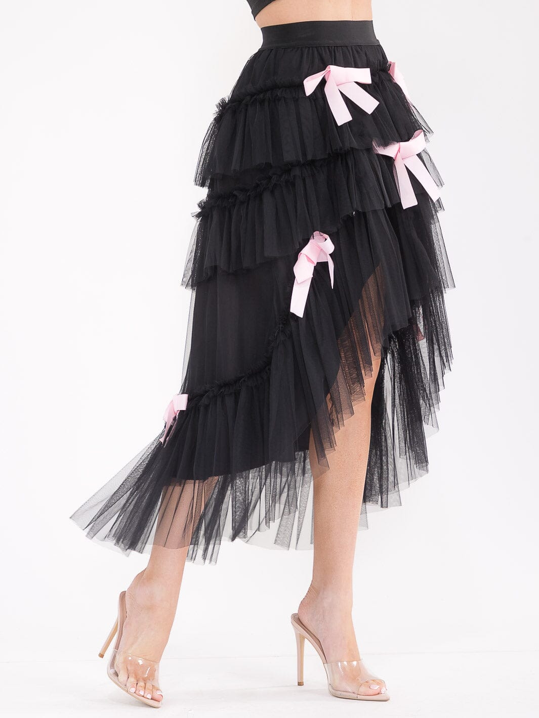 WOMEN'S ELASTIC WAIST TIERED RUFFLE HIGH-LOW BOWS MAXI SKIRT