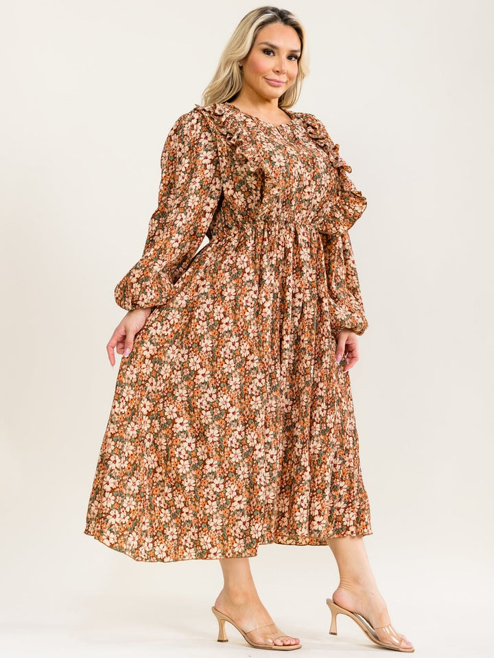 PLUS SIZE LONG SLEEVE BUTTON UP ELASTIC WAIST FLORAL PLEATED MAXI DRESS
