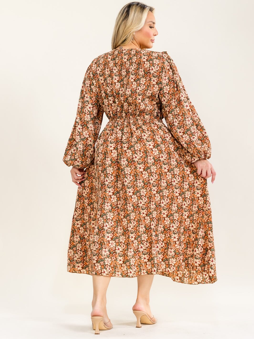 PLUS SIZE LONG SLEEVE BUTTON UP ELASTIC WAIST FLORAL PLEATED MAXI DRESS