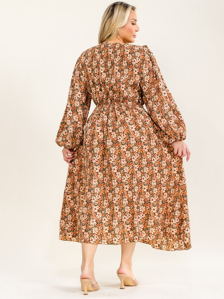 PLUS SIZE LONG SLEEVE BUTTON UP ELASTIC WAIST FLORAL PLEATED MAXI DRESS