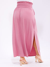 PLUS SIZE ELASTIC WAIST SIDE SLIT FRONT POCKETS MAXI SKIRT