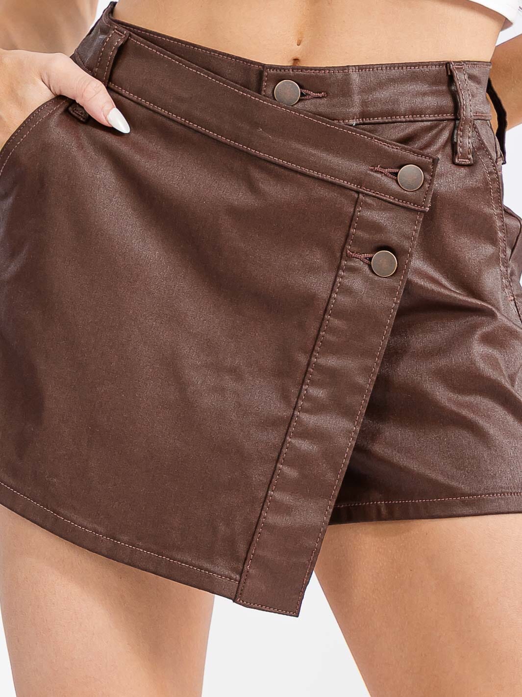 WOMEN'S BUTTON CLOSURE POCKETS PU PLEATHER MINI SKORT