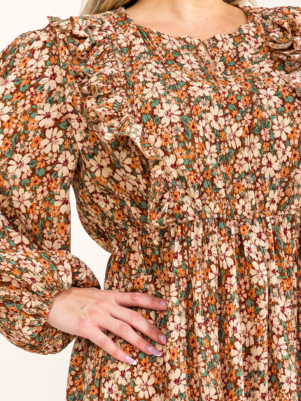 PLUS SIZE LONG SLEEVE BUTTON UP ELASTIC WAIST FLORAL PLEATED MAXI DRESS