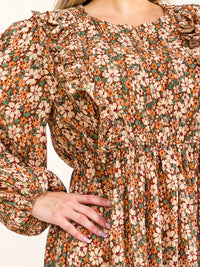 PLUS SIZE LONG SLEEVE BUTTON UP ELASTIC WAIST FLORAL PLEATED MAXI DRESS